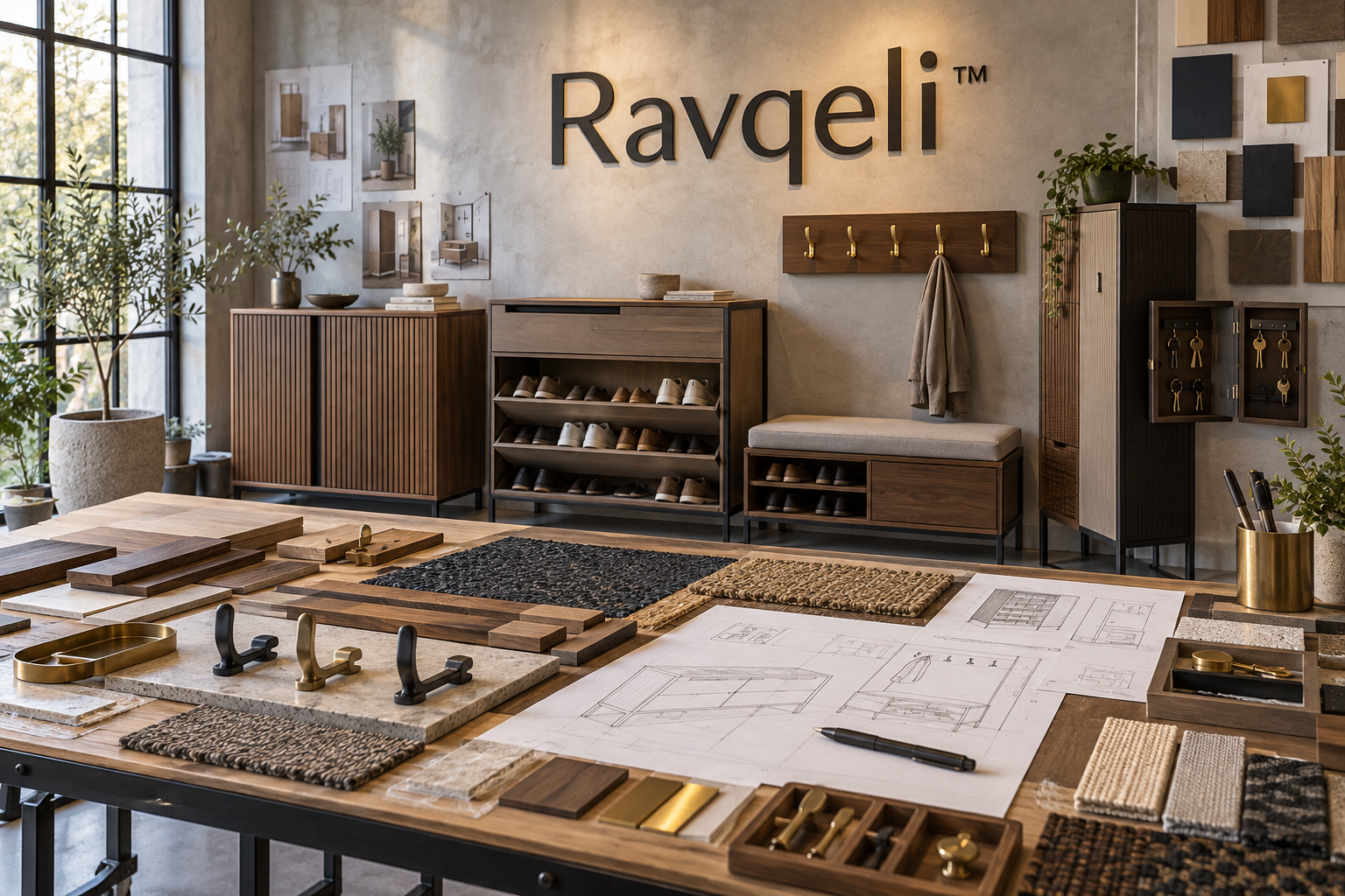 Ravqeli entryway storage design studio with cabinet prototypes, hooks, doormat textures and furniture sketches